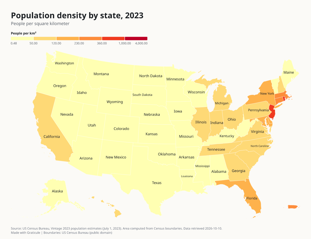 Population density by state, 2023