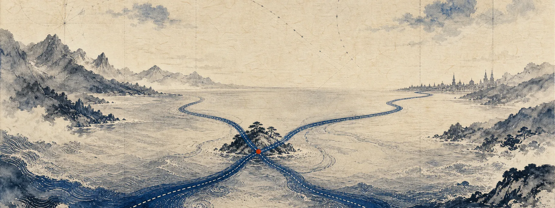 Two indigo paths crossing an imagined coastline