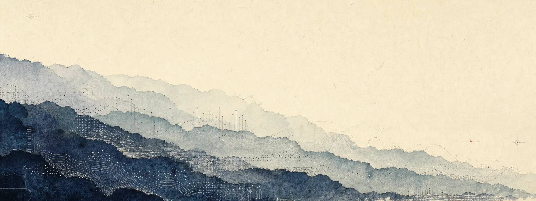 Five quiet layers of indigo pigment settling on paper