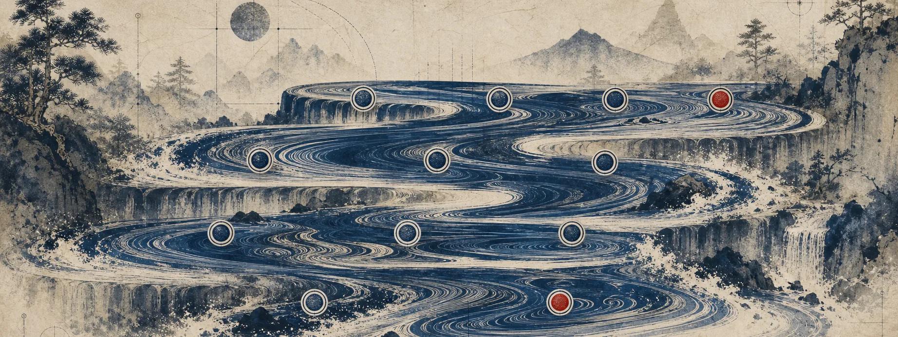 A four-terrace indigo river carrying a dense record