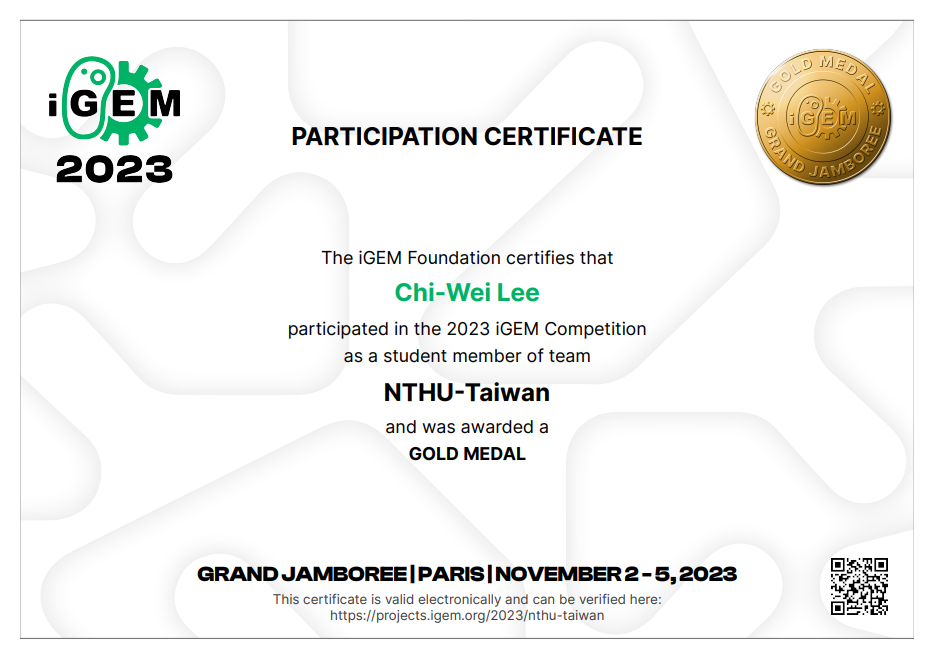 iGEM 2023 Gold Medal participation certificate