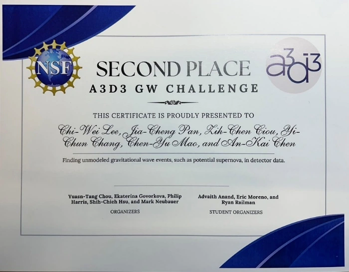 A3D3 Gravitational-Wave Challenge Second Place certificate naming Chi-Wei Lee