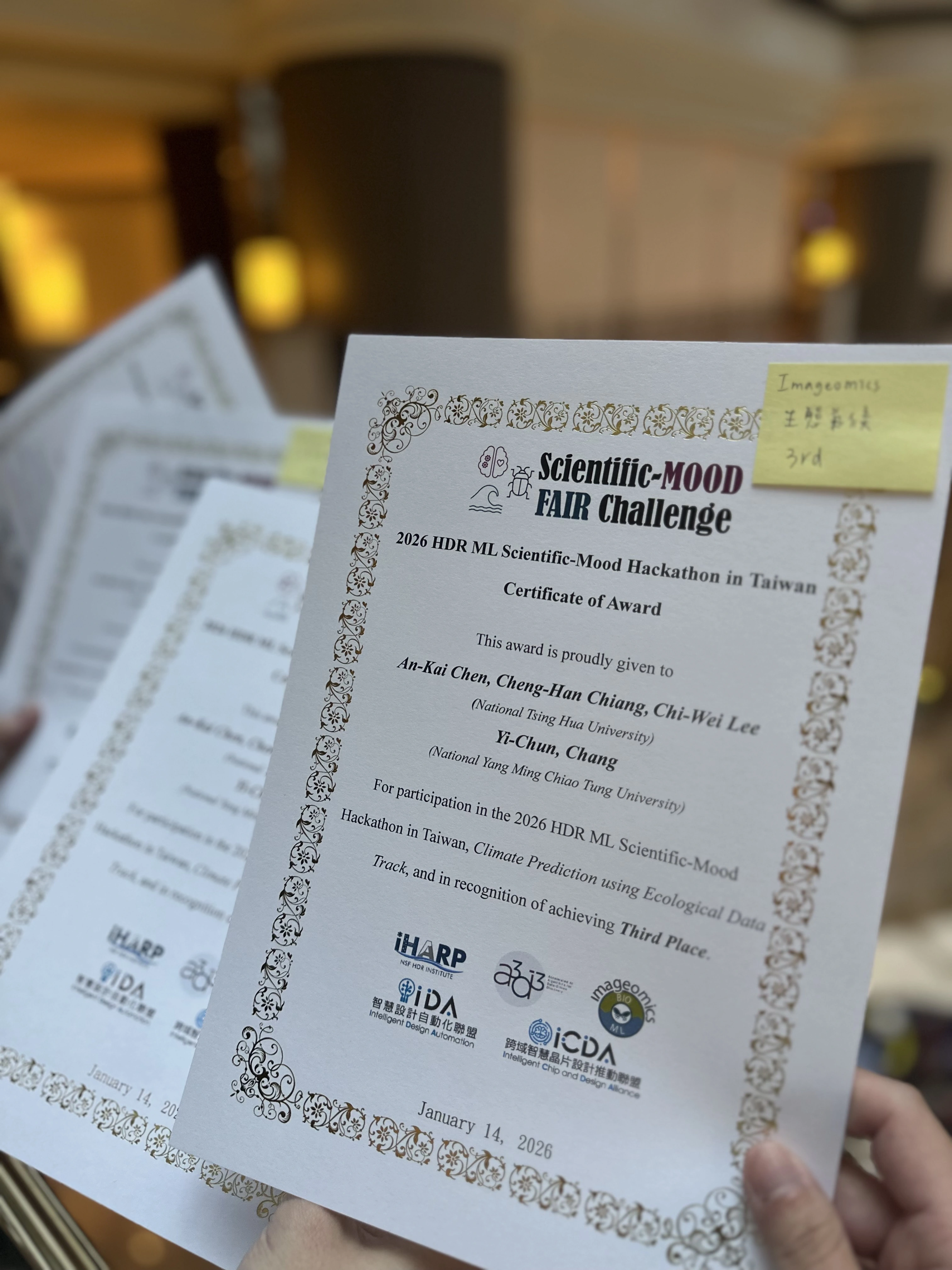 Scientific-MOOD Taiwan local third-place certificate naming Chi-Wei Lee, dated 14 January 2026